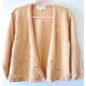 Escada Beige Virgin Wool Knit Gold Tone Studded Short Cardi